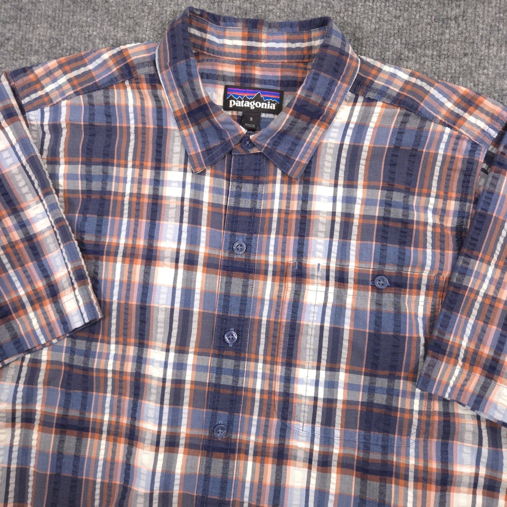 Patagonia Puckerware Shirt Mens S Blue Plaid‎ Crinkle Texture Quick Dry Outdoor